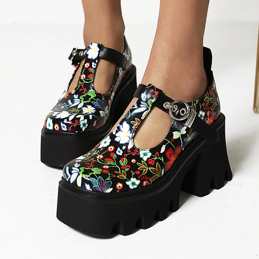 Street Trend High Platform Sandals Thick Heel Platform Flower Pattern Mary Jane Shoes Buckle Flower Summer Sponge Cake Bottom