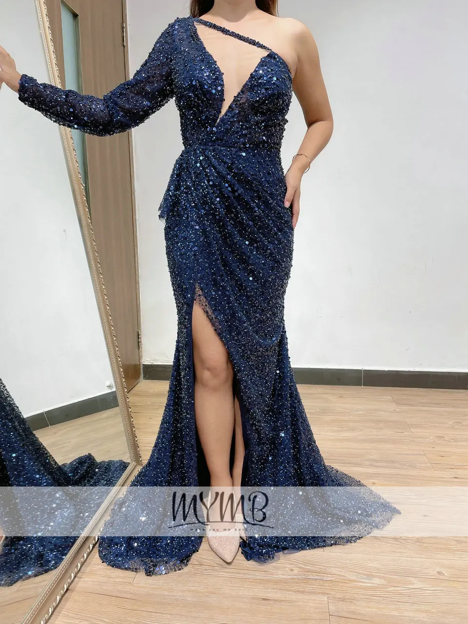 Vestido de noche de diseñador azul marino para mujer, prenda de manga larga con un hombro descubierto, de alta costura, para fiesta de boda, MY61102, 2022