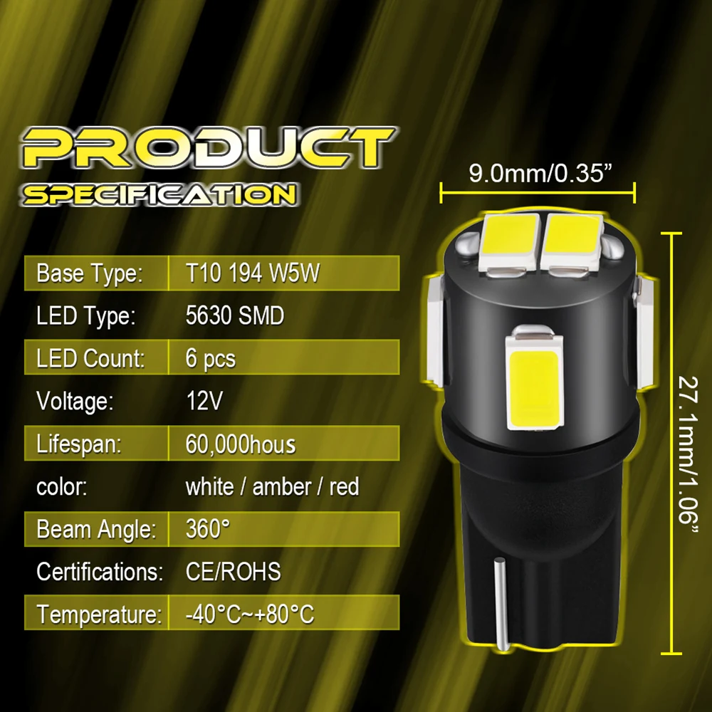 10pcs Canbus T10 LED W5W Car Interior Dome Light Reading Lights Bulb for Alfa Romeo 159 147 156 Giulietta Mito Error Free