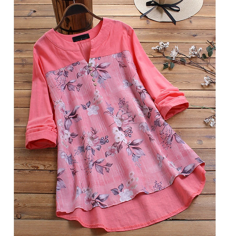 2022 New Women Vintage V Neck Top Autumn Floral Printed Blouse Long Sleeve Shirt Casual Tunic Patchwork Blusa Large Size M-5XL