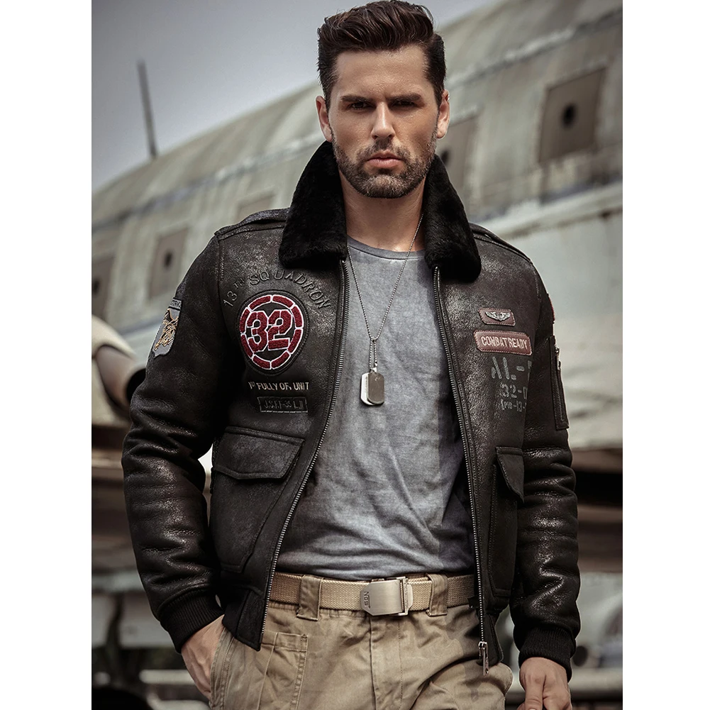 

2019 Mens Black Shearling Jacket Leather Jacket Fur Coat Mens Airforce Flight Coat Embroidered Jacket