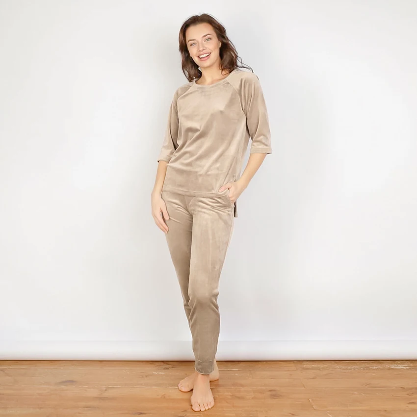 HiLoc Knitted Velvet Sleepwear Women Irregular Home Suit Winter Sets 2024 Warm Khaki Solid Female Pajamas Top And Pants Spring