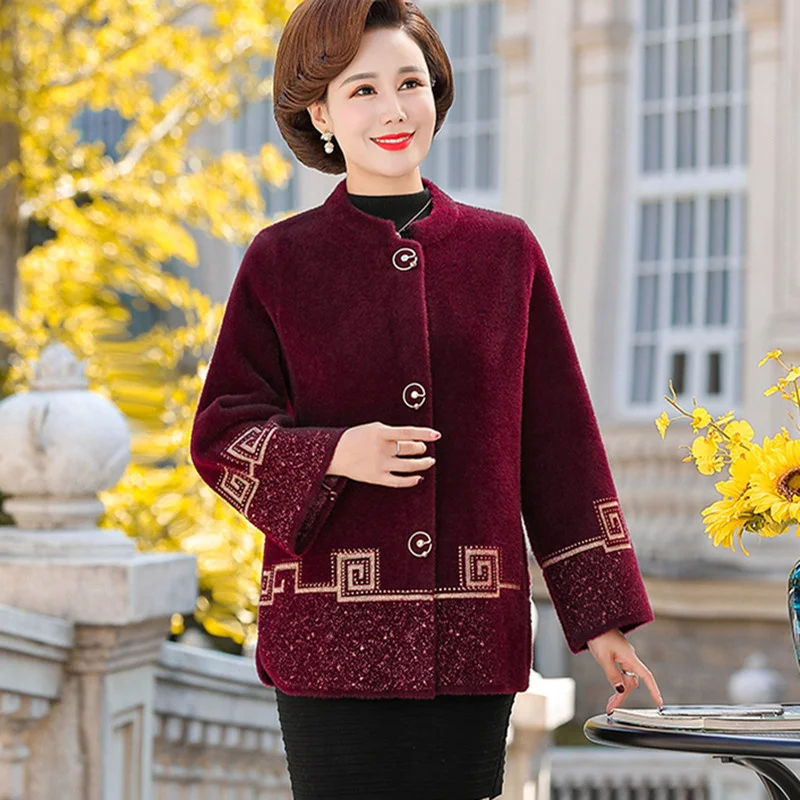 2023 Woolen Jackets Middle-Aged Elderly Autumn Women\'s Coat Short Sweater Cardigan Female Imitation mink velvet Outerwear Tops