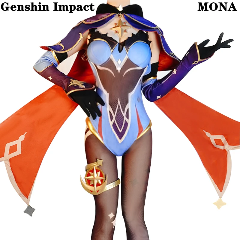 

Mona Cosplay Hot Game Genshin Impact Costume Anime Sexy Women's Jumpsuit Hat Bow Cloak Tights Accessories Project Halloween Set