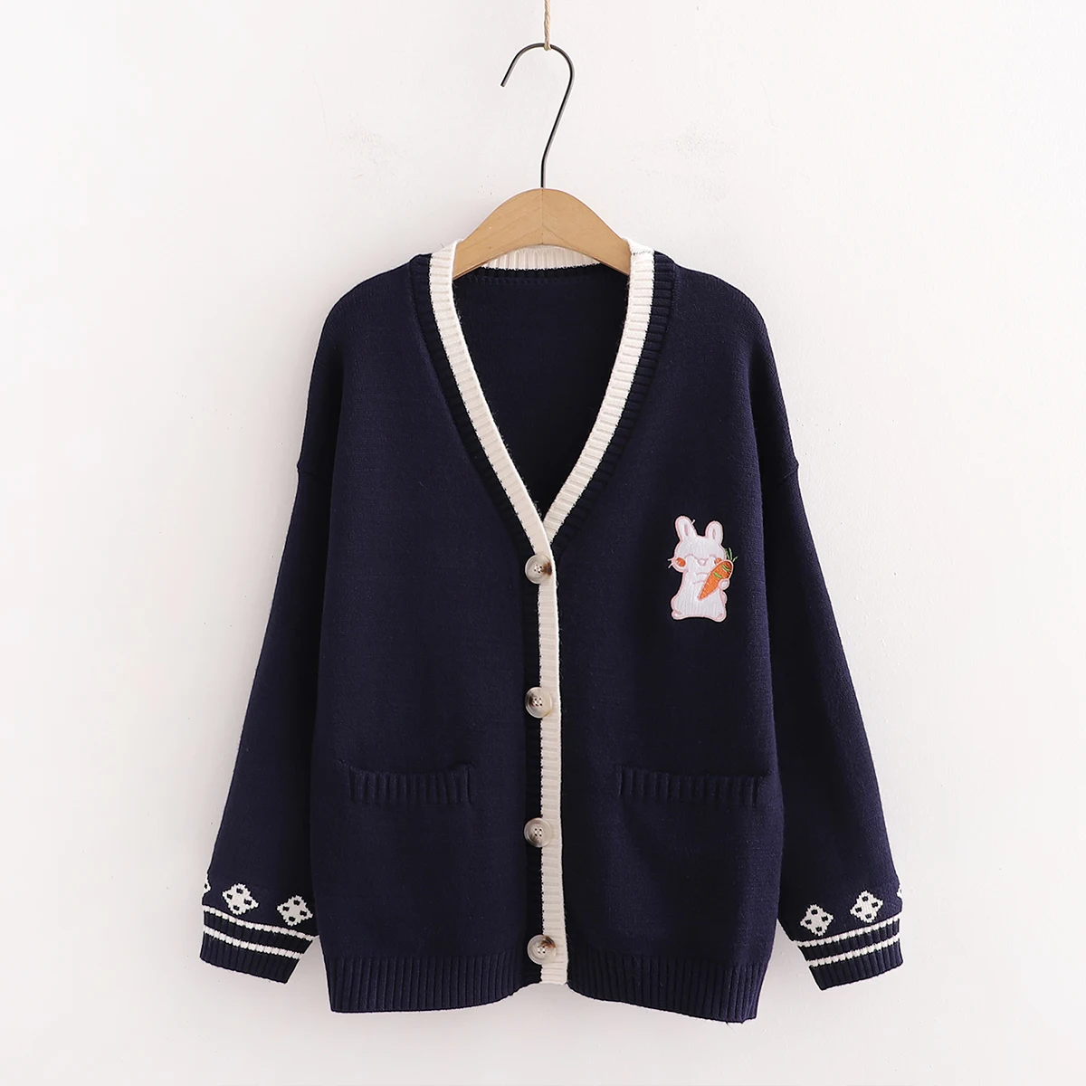 New Autumn Korean Mori Girl Sweet Lolita Cute Bunny Embroidery Knitted Sweater Japanese Women Long Sleeve Cardigan Coat Knitwear