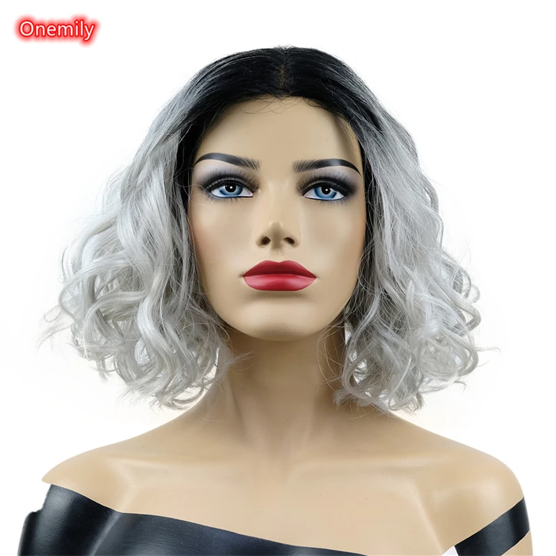 

Onemily Medium Length Silver Gray Wavy Women Natural Wig with Bangs Heat Resistant Fiber Synthetic Wigs