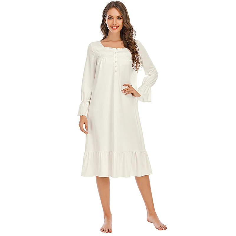 

Soft White Cotton Women's Long Nightgowns Long Sleeve Elegant Autumn Spring Female Princess Elegant Loose Nighty Dress Homewear