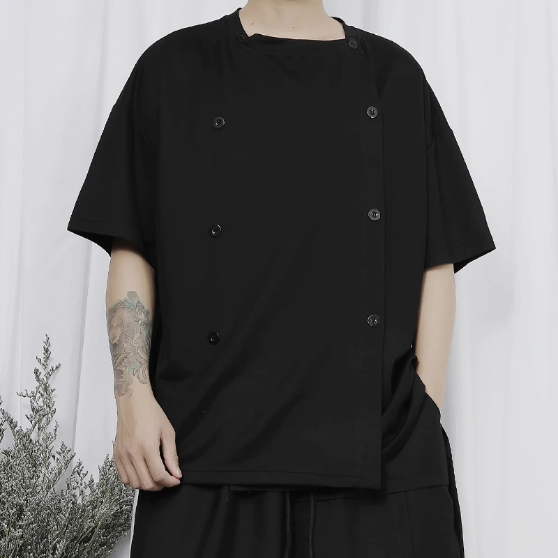 Men's summer new casual T-shirt dark double-breasted design folding solid color youth loose large size short sleeve T-shirt