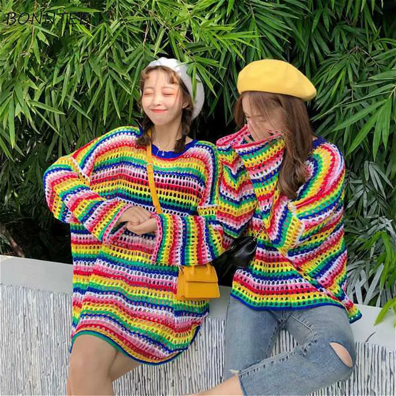 Sweaters Women Chic Rainbow Striped Ulzzang Lovely Trendy Ladies Knitwear Ins Preppy Hollow Out Design Harajuku Friends Sweater