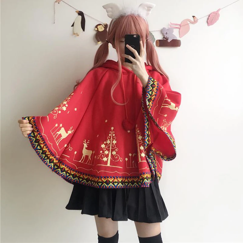 Christmas autumn winter 2019 new sweet day soft girl lovely fawn with velvet red cape coat women's wear