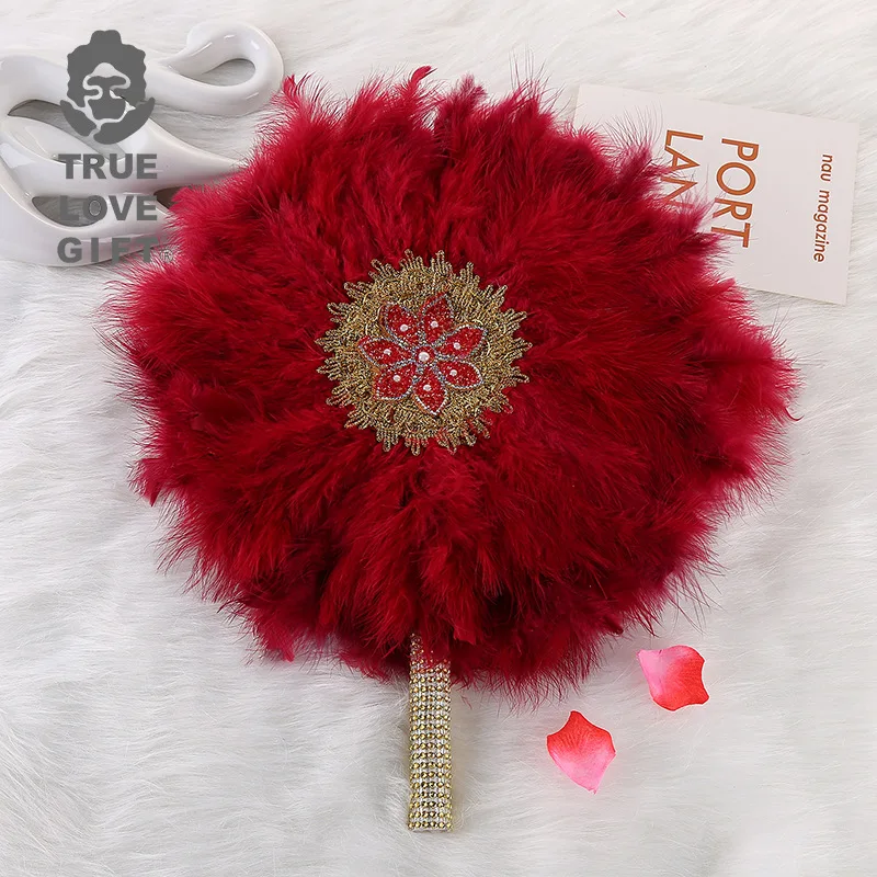 

1pcs Double-Sided African Turkey Feather Hand Fan Feathers Handfan for Dance Wedding Decoration Fan with Stones White Fan