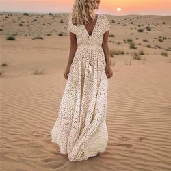 2023 Women Elegant V Neck Boho Dress Spring Polka Dot Print Long Party Dress Tassel Maxi Dress Summer Short Sleeve Beach Dresses