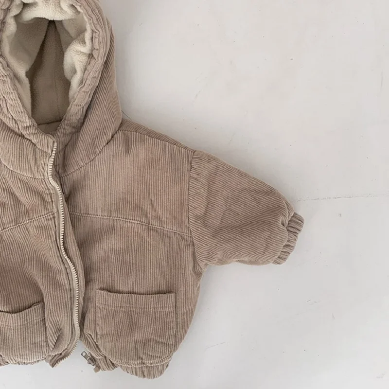 Baby Boy Girl Corduroy Down Jacket Fleece Thick Warm Infant Toddler Hooded Winter Coat Cotton Padded Outfit Baby Clothes 1-7Y