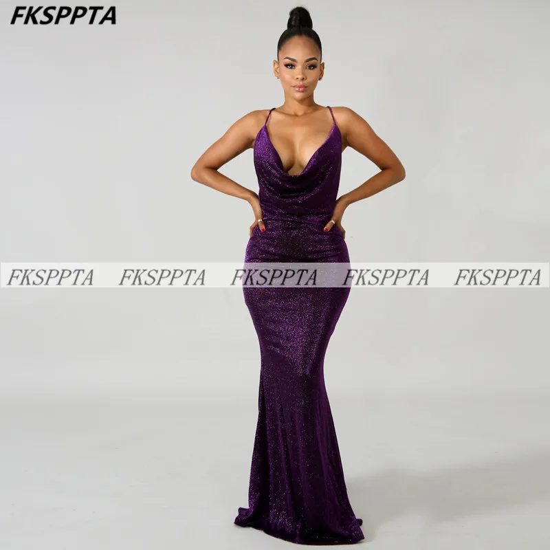 

Glitter Backless Mermaid Purple Prom Dresses Long Formal Gowns 2021 Spaghetti Straps Floor Length Black Girl Wedding Party Dress