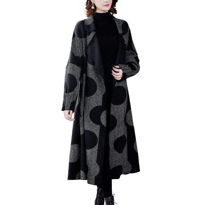 5XL Lapel Women Windbreaker Coat 2022 Spring New Printing Polka Dot Overcoat Mother Casual Overwear Female Trench Coat