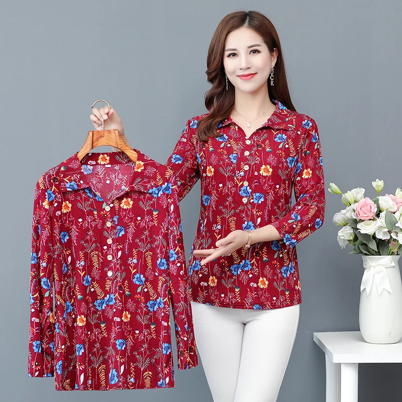 Fashion Flower Print Women Blouses Summer New Long Sleeve Chiffon Blouse Tunic Tops Middle Age Female Casual Ladies Shirts W56