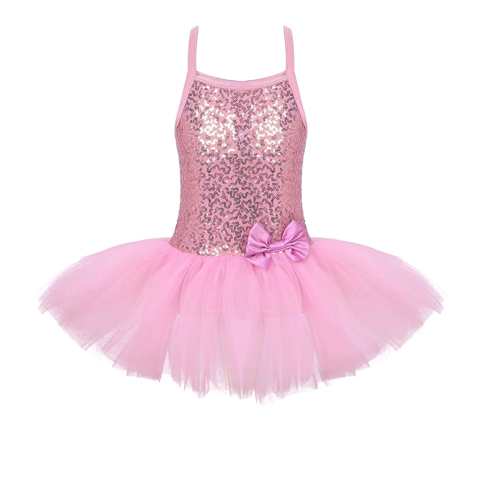 

Kids Girls Stylish Dance Dresses Performance Costume Sleeveless Round Neck Crisscross Back Sequins Bowknot Decor Tutu Mesh Dress