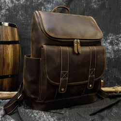 Big Capacity Vintage Leather Backpack Laptop Travel Bagpack Men Male Cowskin Backpack Retro Style Travel Bag Brown 42cm