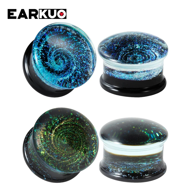 EARKUO Promotion Selling Heart Flower Milky Way Glass Ear Gauges Stretchers Piercing Body Jewelry Ear Plugs Tunnels 2PCS 6-25mm