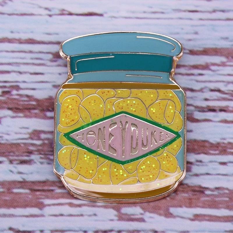 Honeydukes sherbet lemon drops glitter pin yellow candy jar gift