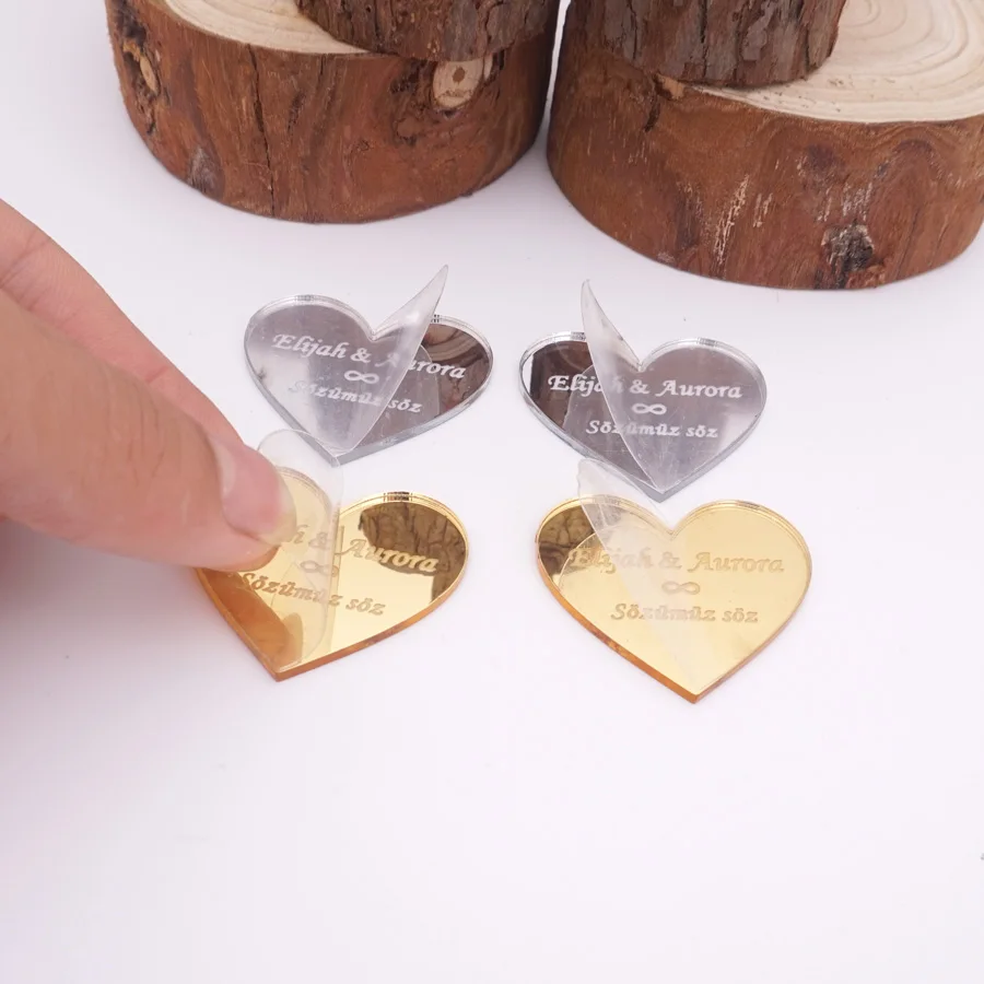 4cm,6cm Heart Shape Wedding Guest Gift Decoration Acrylic Mirror Tag Custom Groom And Bride Name Couple Souvenir