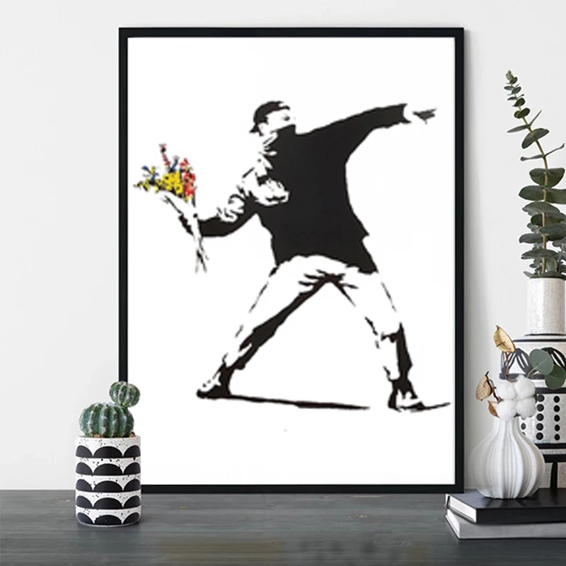 الحديث الكتابة على الجدران الفني قماش الطلاء فتاة مع بالون أحمر ملصق أسود أبيض مجردة جدار صور للعيش ديكور المنزل #4