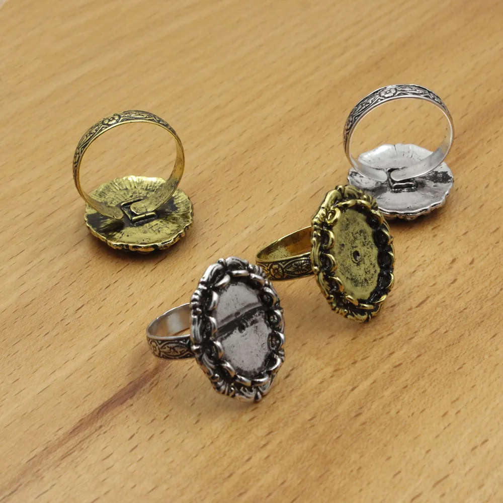 Fit 13x18mm Cabochons Finger Ring Oval Antique Silver Cameo/Glass/Cabochon Frame bezel Setting adjustable 5pcs/lot (K05131)