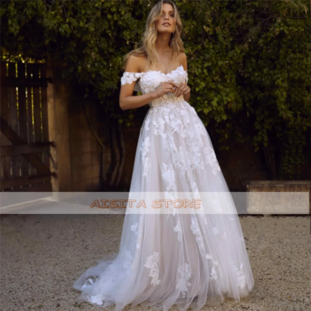 Boho Sexy Off the Shoulder Cheap Wedding Dresses A Line Lace Appliques Backless Bridal Gown Vestido De Noiva Wedding Gown