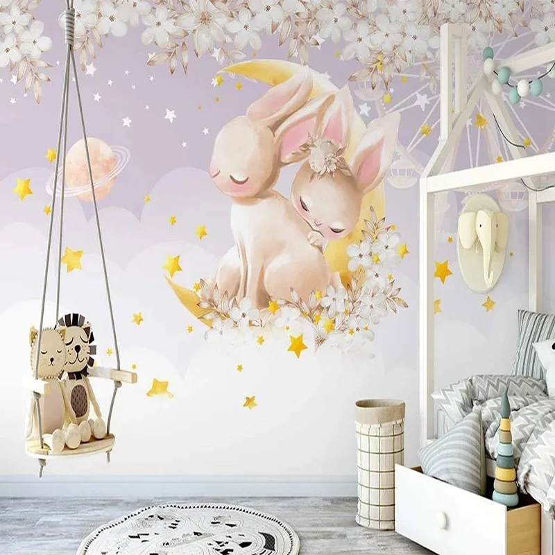 Papel tapiz personalizado con foto De cielo estrellado, nube De ensueño, flor, conejito marino, Mural para habitación De niños, dormitorio, telón De fondo