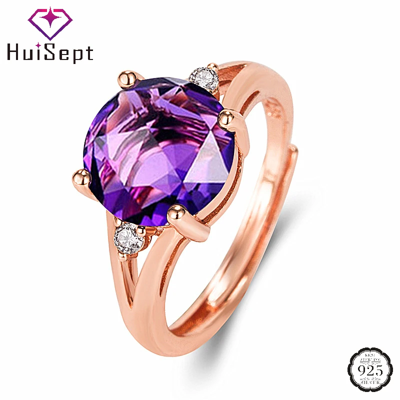 

HuiSept 925 Silver Jewelry Rings Round Amethyst Zircon Gemstone Open Finger Ring for Women Wedding Engagement Party Accessories