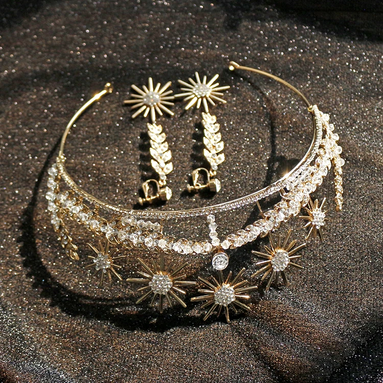 Gold Star Sun Leaf Bride Crowns Baroque Wedding Accessories Boho Bridal Tiaras Women Headbands Rhinestone Costume Pageant Diadem