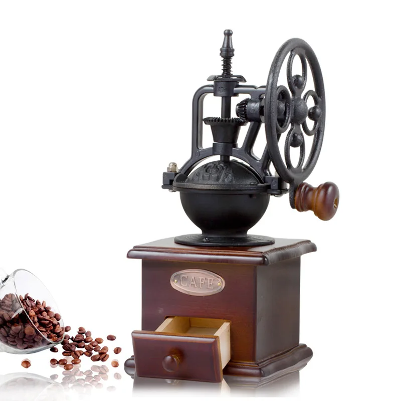 

Retro Wooden Manual Coffee Bean Grinder Hand Cast Iron Retro Handmade Coffee Beans Spice Mini Burr Mill Grinders Kitchen Tool