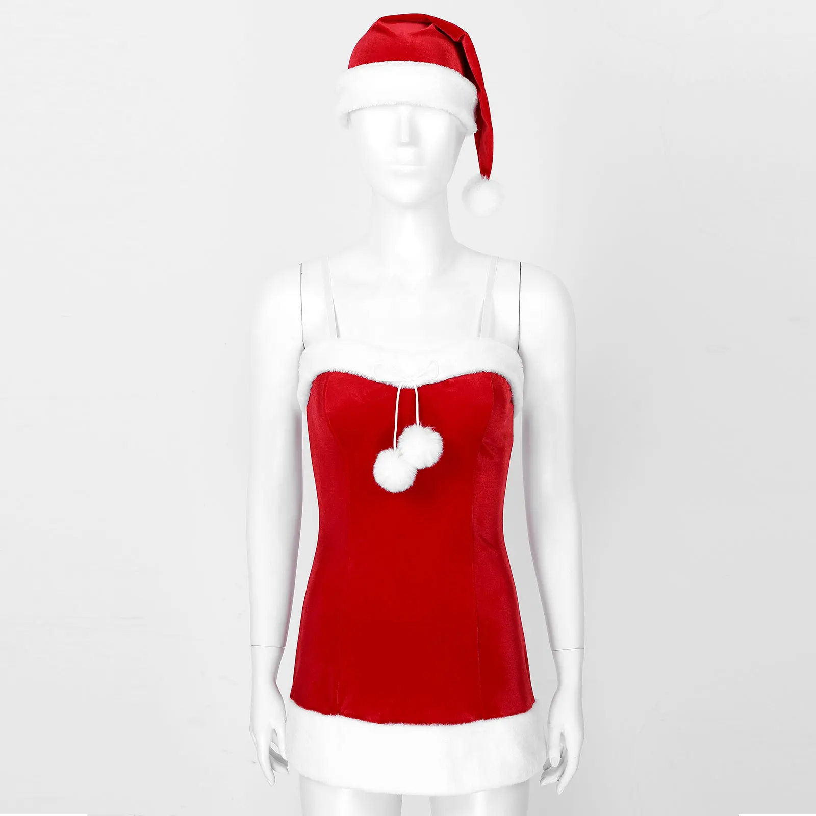 Christmas Dress Women Soft Velvet Sleeveless White Flannel Trim Mini Dress With Santa Hat Santa Fancy Dress Christmas Clothes