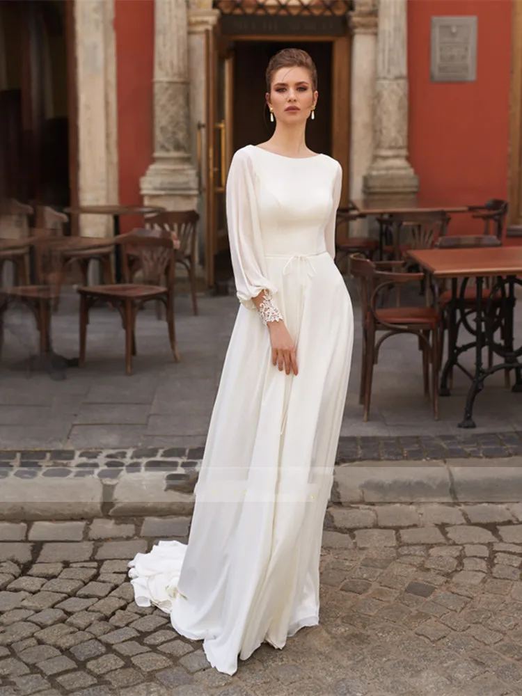 Simple O-Neck Wedding Dresses 2024 Summer A-line Chiffon Backless Full Sleeve Sweep Train Lace Design Sashes Female Hot Sale