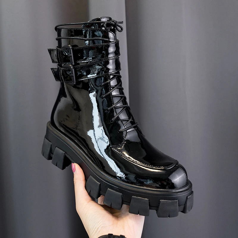 

ODS 2024 Women Ankle Mt Boots Patent Leather Black High Platform Boots Non-slip Wear-resistant Ankle Boots Ladies Shoes