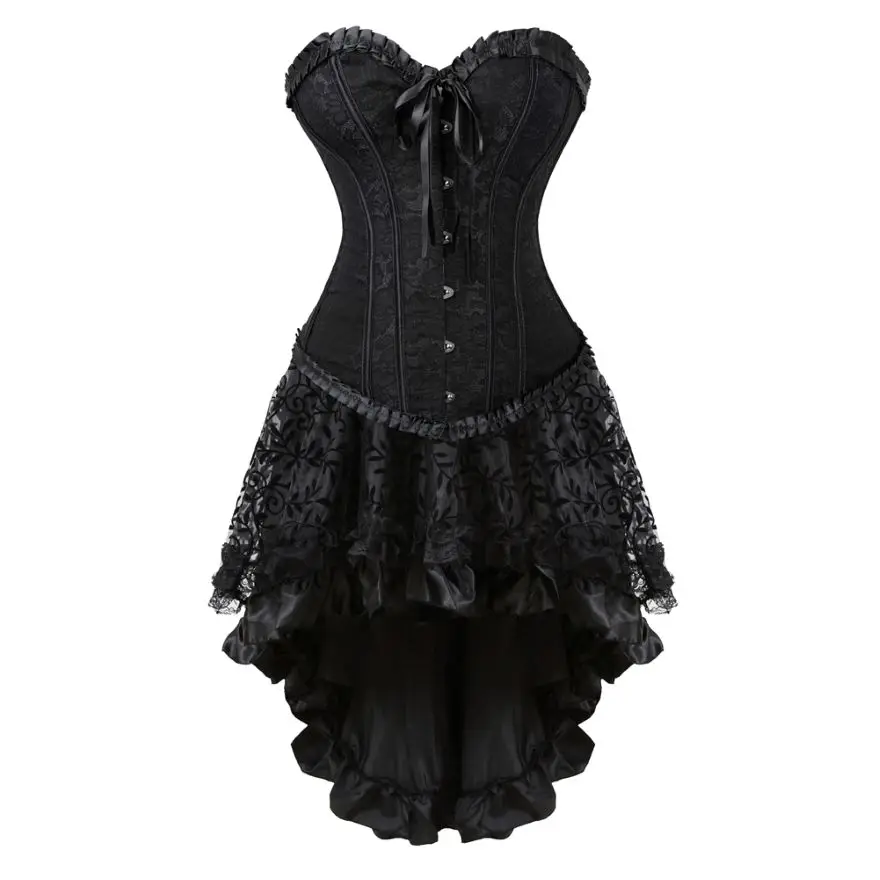 Victorian Lace Trim Corset Dress Sexy Satin Floral Overbust Corset Top Gothic Asymmetrical Skirt Plus Size Bustier Lingerie