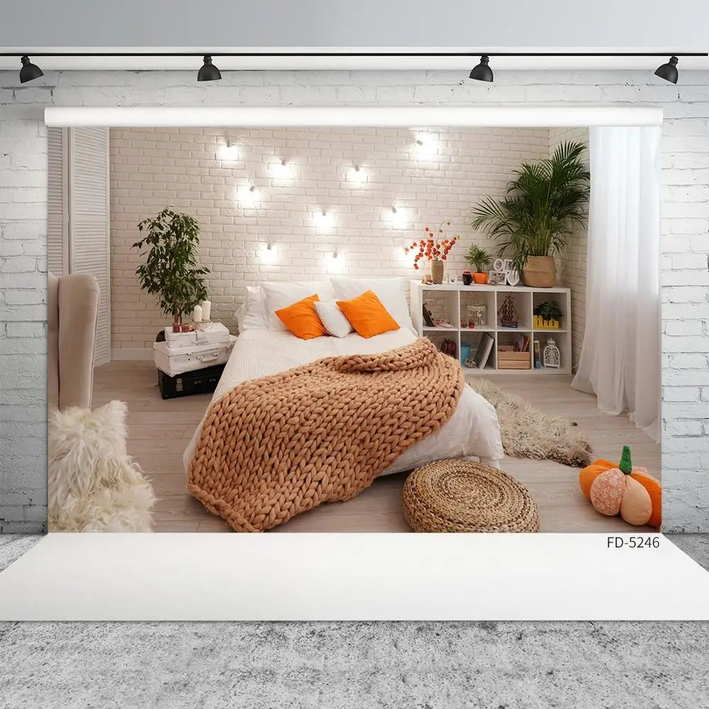 Bedroom Light Blanket Plant Brick Wall Photography Backdrop Vinyl Background for Baby Children Portrait Photoshoot Fond Photo