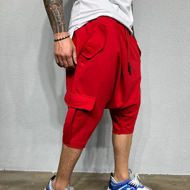 2021 Streetwear mężczyźni Hip Hop Capris Cargo spodnie Jogging 3/4 spodnie multi-pocket Fitness sportowe spodnie dresowe spersonalizowane