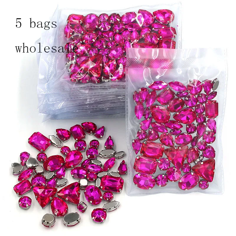 Best seller Wholesale 5 Bags Mixed Shape Silver Base Sew on Glass Crystal Rose Red Rhinestones for Clothing/Wedding Dress