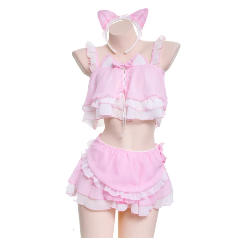 AniLV Anime Lolita Cats Girl Maid Swimsuit Costume Cute Pink Cat Ears Swimwear Uniform Pool Party Cosplay