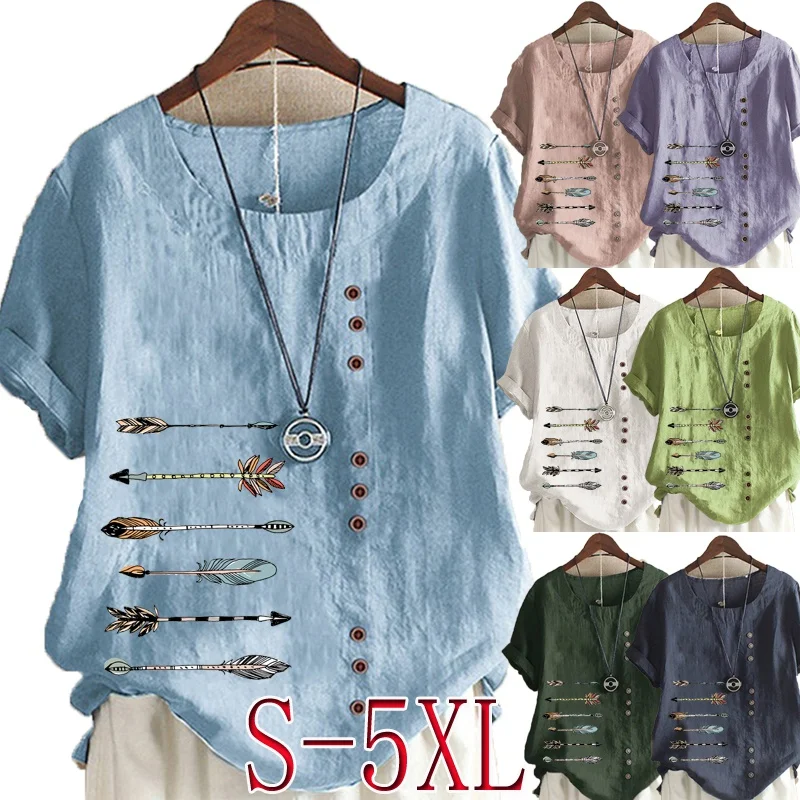 New Summer Women's Fashion Round Collar Short Sleeve Casual Linen T-Shirt Loose Ladies Blouse Tops Plus Size