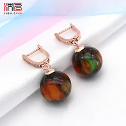 SHENJIANG New Trendy Colorful Round Acrylic Beads Dangle Earrings For Women Girl Party High Quality Cubic Zirconia Jewelry Gift