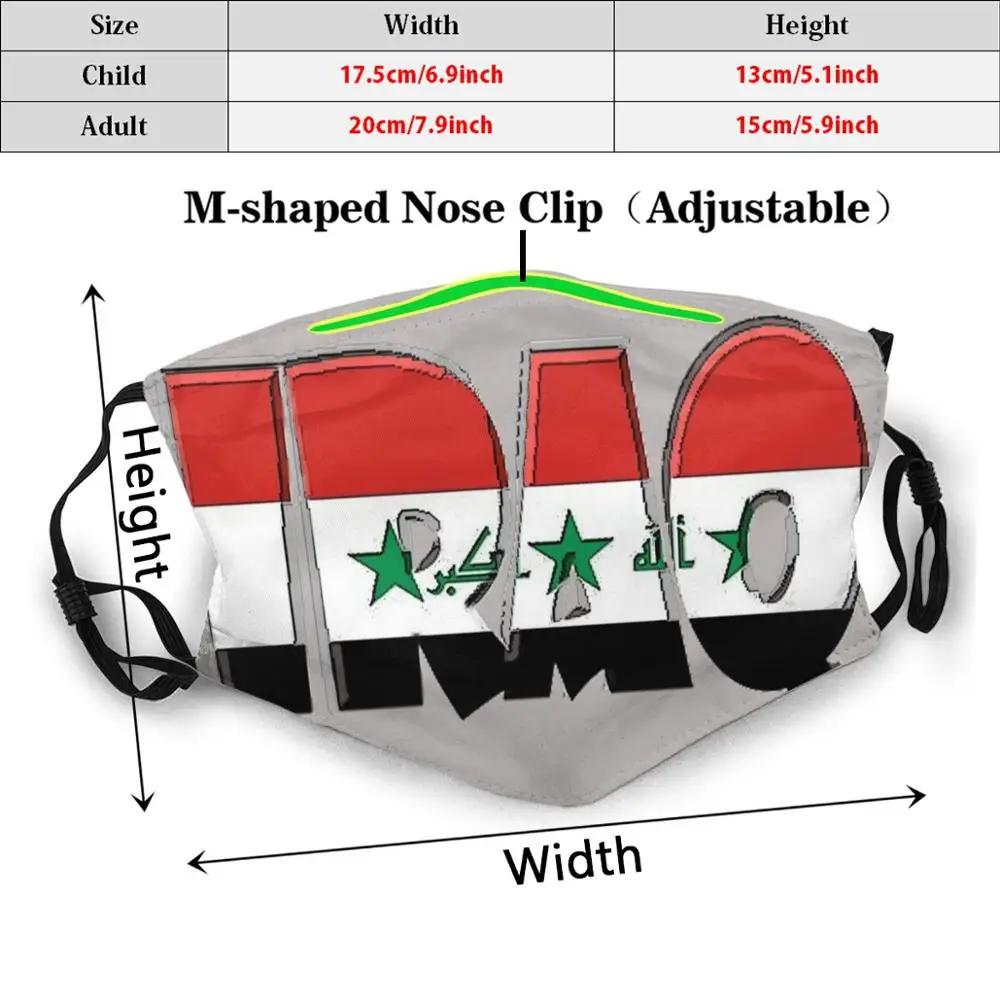 Carattere iracheno con bandiera iracheno stampa divertente riutilizzabile Pm2.1400 filtro maschera facciale Havocgirl Pakistan Iran Iraq Iraq turchia israele