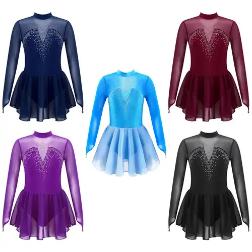 Imagen 2 del producto Vestido de baile de patinaje artístico para niñas, vestido de tutú de tul con empalme de malla de diamantes de imitación brillantes, bailarina, Ballet, gimnasia y entrenamiento