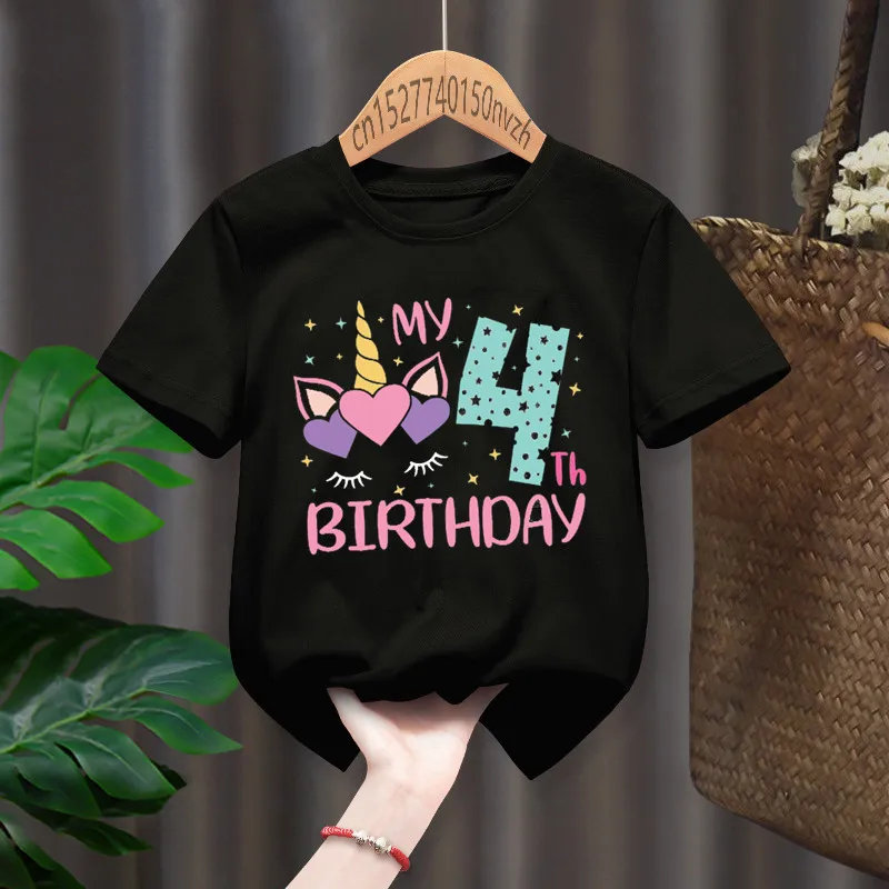 Unicorn Girl My 1-8th Birthday Number T-shirt Children Birthday Gift Present Clothes Baby Letter Tops Tee,Drop Ship