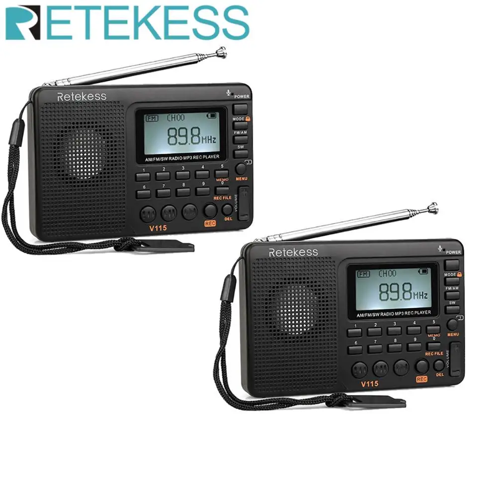 Retekess 2Pcs V115 FM/AM/SW Portable Radio Receiver MP3 Player REC Recorder Rechargable With Sleep Timer TF Card