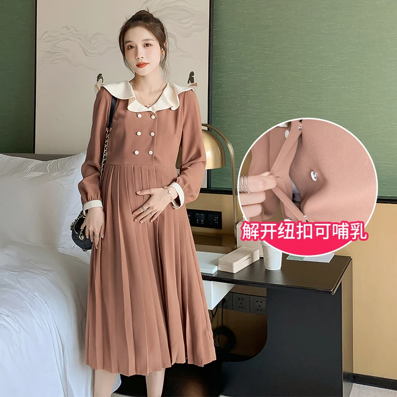 Autumn Long Pregnant Women Pleated Dress Peter Pan Collar Long Sleeve Button Fly Maternity Nursing Dress Breastfeeding Shirts