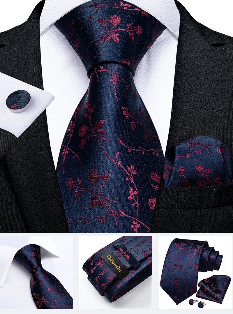 Klassische marineblaue Herrenkrawatte, gestreift, Paisley-Blumenmuster, Krawatten-Set mit Einstecktuch und Manschettenknöpfen, Business-Krawatten-Set, Geschenk für Männer – Detail 15
