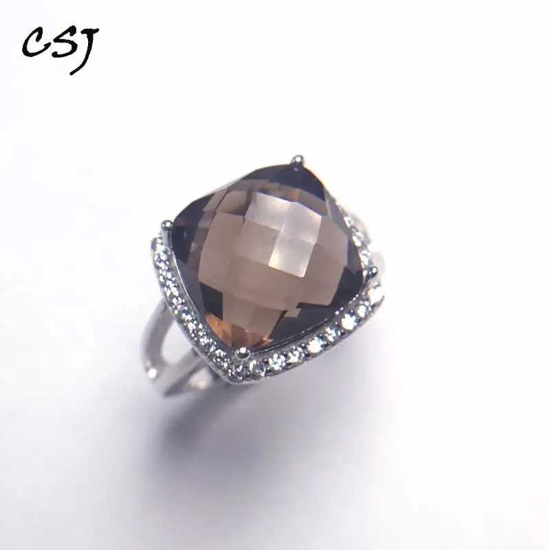 CSJ 100% Natural Smoky Quartz Rings Sterling 925 Silver Cushion Cut 12mm Fine Jewelry Women Femme Wedding Engagement Party Gift