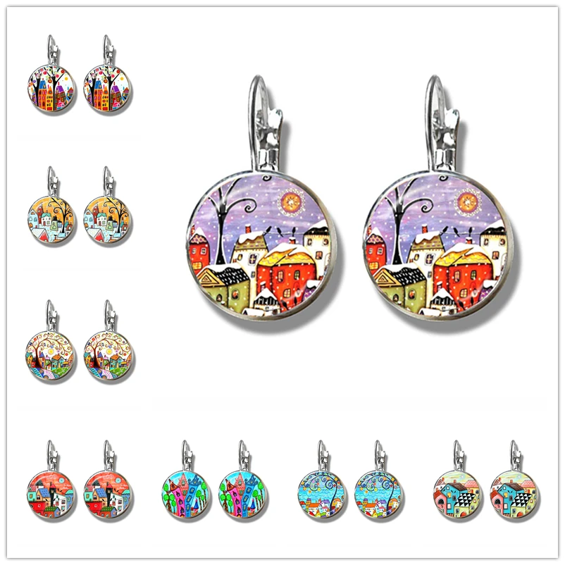 New Arrival Colorful House and Tree Women Stud Earring Abstract Oil Painting House 16mm Glass Cabochon Womens Earrings Jewelry